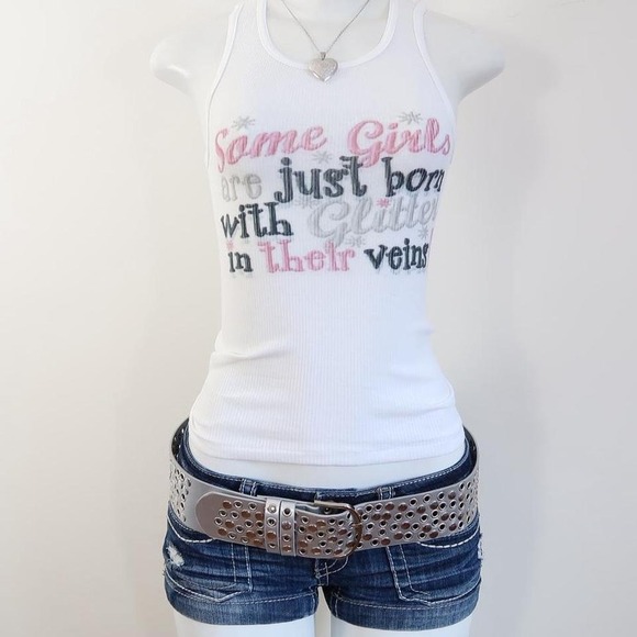 Tops - y2k glitter in their veins slogan graphic tank white ribbed baby tee size S